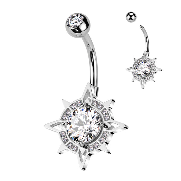 316L Surgical Steel White CZ Pave Starburst Belly Ring - Pierced Universe