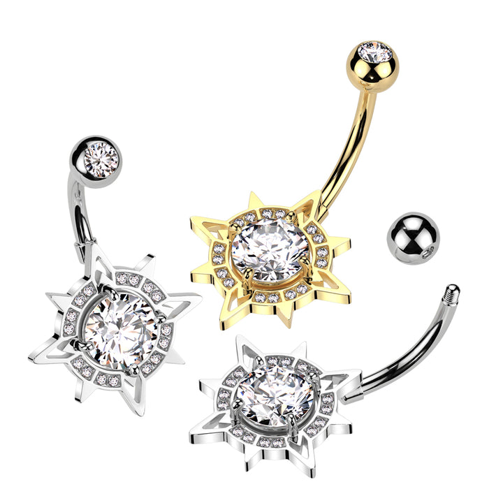 316L Surgical Steel White CZ Pave Starburst Belly Ring - Pierced Universe