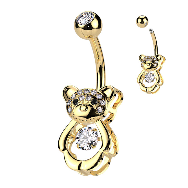 316L Surgical Steel Gold PVD White CZ Gem Teddy Bear Belly Ring - Pierced Universe