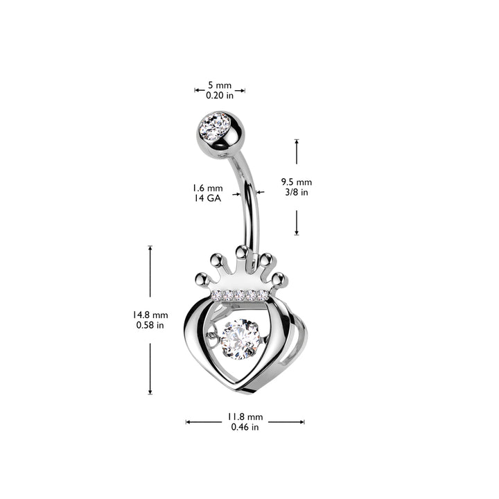 316L Surgical Steel White CZ Claddagh Crown Heart Shaped Belly Ring - Pierced Universe