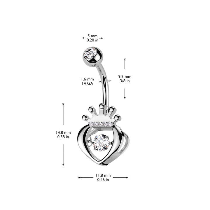 316L Surgical Steel Gold PVD White CZ Claddagh Crown Heart Shaped Belly Ring - Pierced Universe