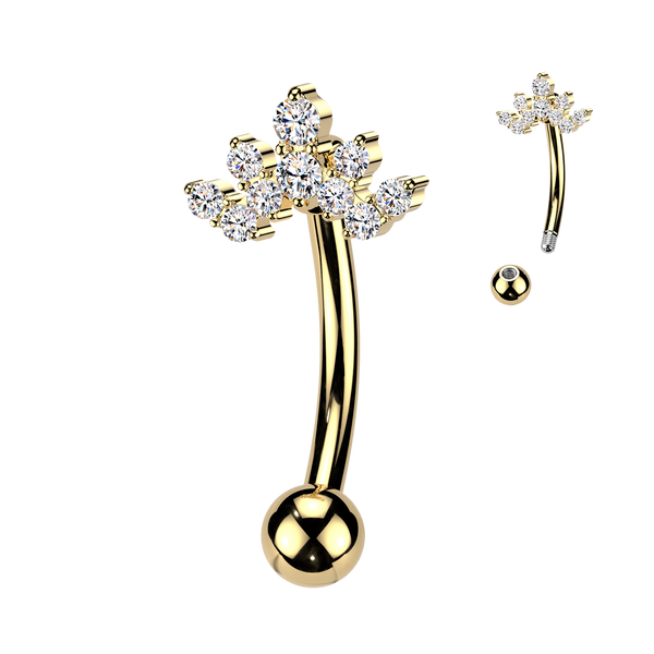 316L Surgical Steel Gold PVD White CZ Gem Cluster Crown Top Side Down Belly Ring