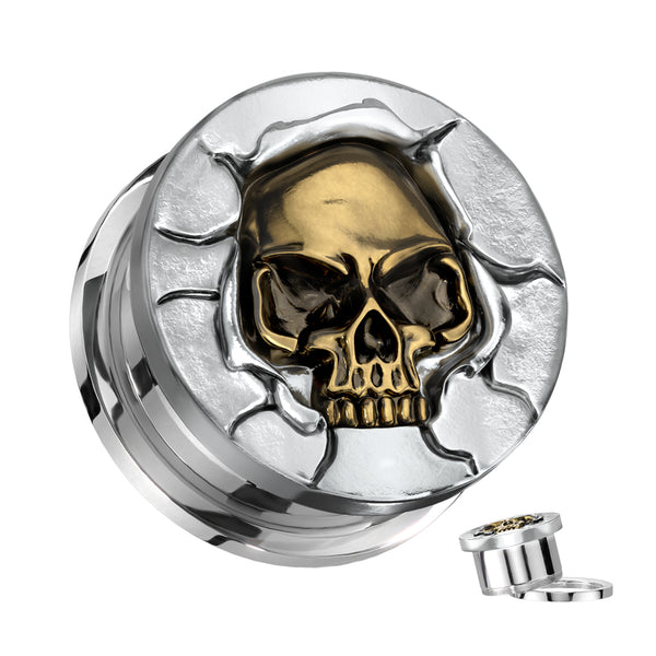316L Surgical Steel Brass Skull Cracked Screw On Plugs - Pierced Universe