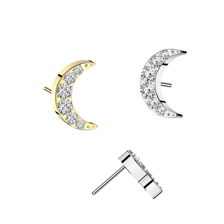 Implant Grade Titanium Gold PVD Large White CZ Crescent Moon Threadless Push In Labret - Pierced Universe