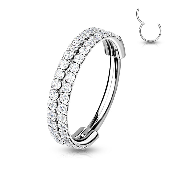 316L Surgical Steel Double Row White CZ Pave Hinged Clicker Hoop