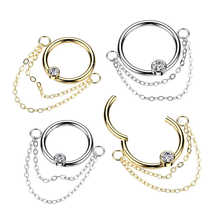 316L Surgical Steel White CZ Double Chain Hinged Clicker Hoop - Pierced Universe