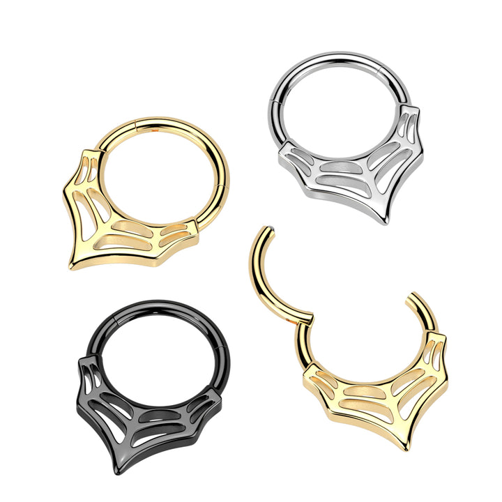 316L Surgical Steel Black PVD V Shaped Spider Web Spooky Hinged Clicker Hoop - Pierced Universe