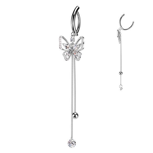 316L Surgical Steel White CZ Butterfly Dangle Hinged Clicker Belly Ring