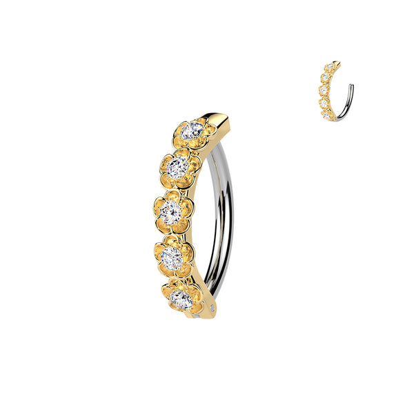 316L Surgical Steel Gold PVD White CZ Floral Hinged Clicker Belly Ring - Pierced Universe