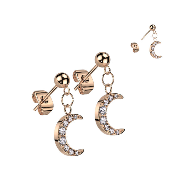 Pair of 316L Surgical Steel Rose Gold PVD Ball Large White CZ Crescent Moon Dangle Stud Earrings