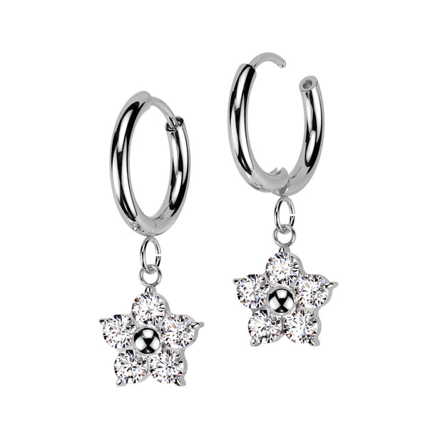 Pair of 316L Surgical Steel Large White CZ Flower Dangle Hoop Earrings