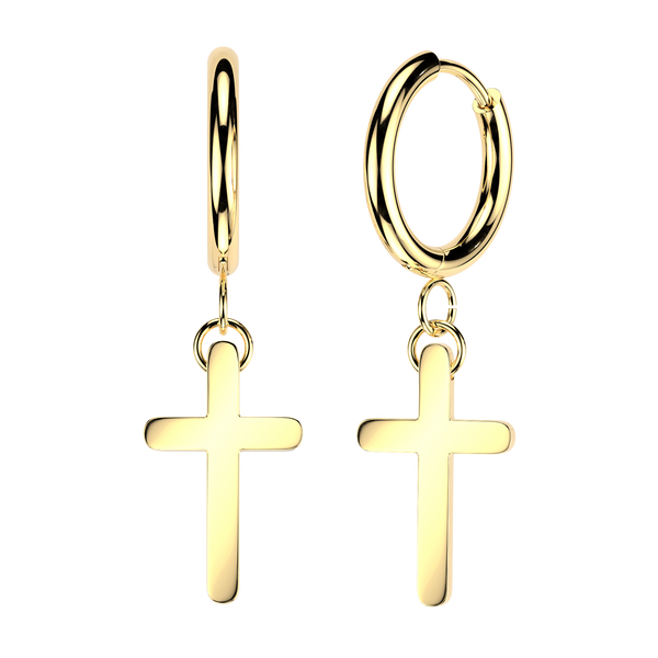 Pair of 316L Surgical Steel Gold PVD Minimal Rounded Cross Dangly Hoop Earrings