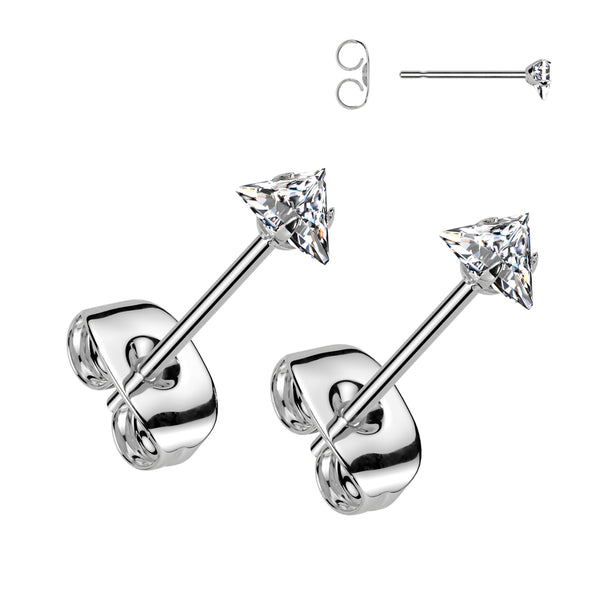 Pair of 316L Surgical Steel White CZ Triangle Stud Earrings