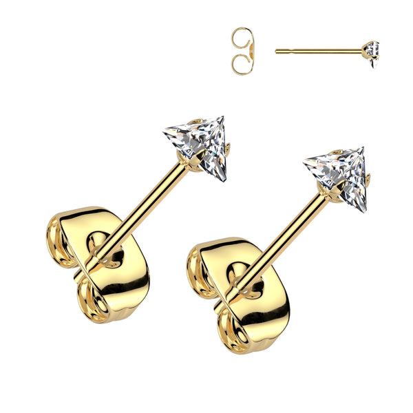 Pair of 316L Surgical Steel Gold PVD White CZ Triangle Stud Earrings