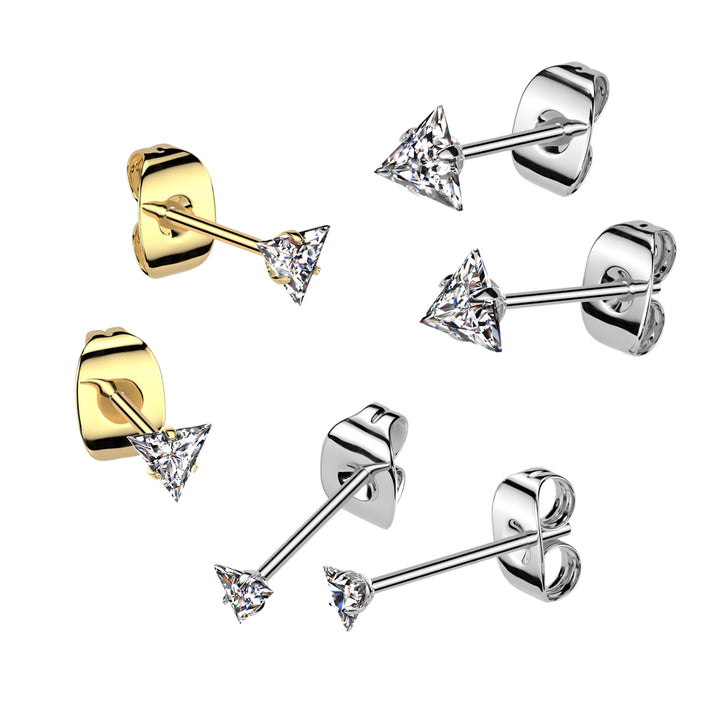 Pair of 316L Surgical Steel Gold PVD White CZ Triangle Stud Earrings - Pierced Universe