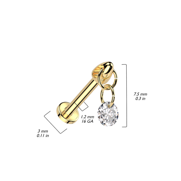 Implant Grade Titanium Gold PVD Internally Threaded White CZ Dangle Flat Back Labret - Pierced Universe