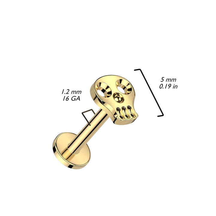 Implant Grade Titanium Gold PVD Skull Internally Threaded Flat Back Labret - Pierced Universe