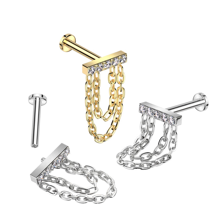 Implant Grade Titanium White CZ Studded Bar Chain Dangle Flat Back Labret - Pierced Universe