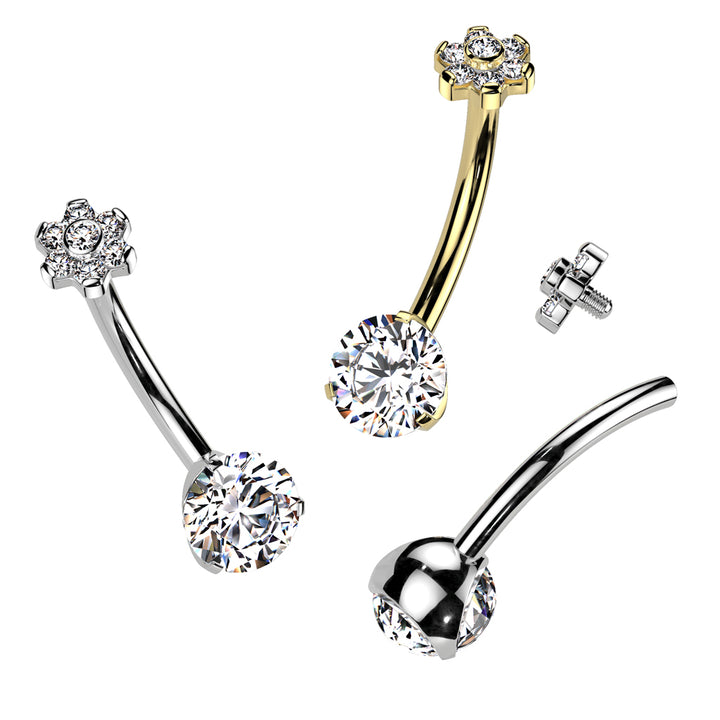 Implant Grade Titanium White CZ Internally Threaded Flower Top Belly Ring - Pierced Universe