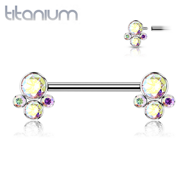 Implant Grade Titanium Internally Threaded Aurora Borealis CZ Cluster Nipple Ring Straight Barbell