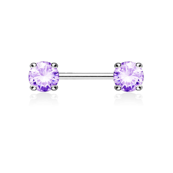 316L Surgical Steel Prong Double Round Purple CZ Nipple Ring Barbell - Pierced Universe