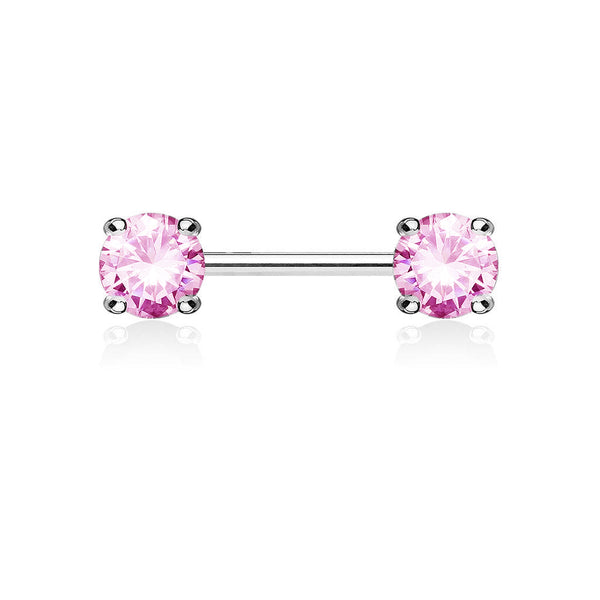Surgical Steel Prong Double Round Pink CZ Nipple Ring Barbell