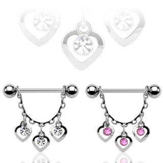 14ga Surgical Steel Dangling 3 Heart CZ Nipple Ring Shield Barbell - Pierced Universe