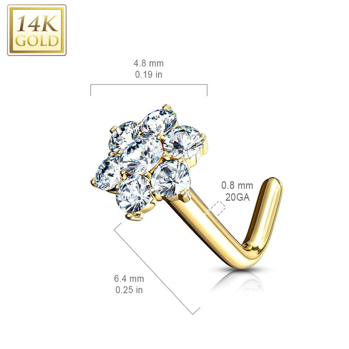 14KT Solid Gold L Shape Flower CZ Nose Ring Stud - Pierced Universe