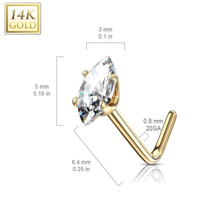 14KT Solid Gold L Shape White Marquise CZ Nose Ring Stud - Pierced Universe