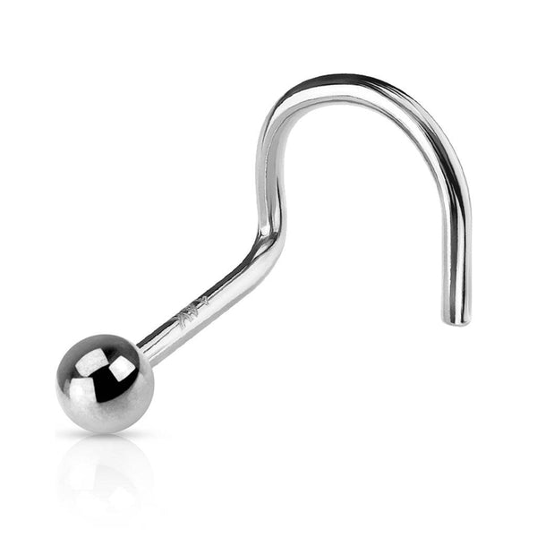 14KT Solid White Gold 2mm Ball Corkscrew Nose Ring Stud - Pierced Universe
