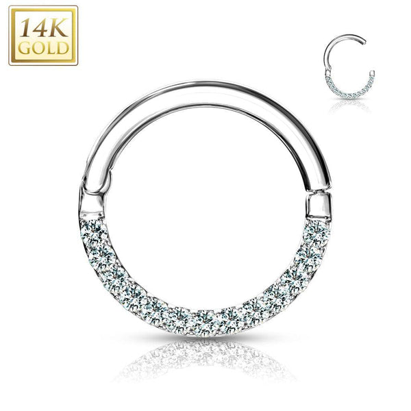 14KT Solid White Gold Paved CZ Hinged Septum Ring - Pierced Universe