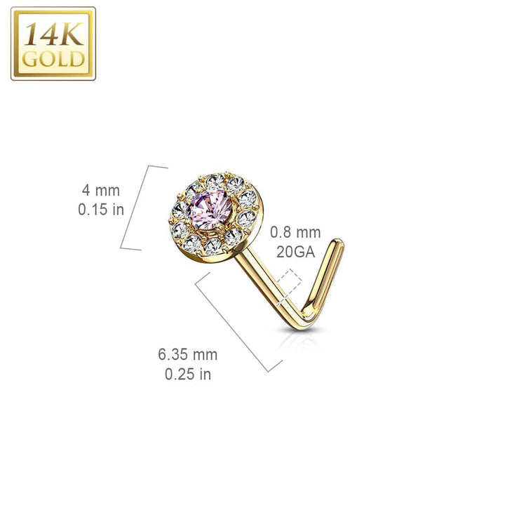 14KT Solid Yellow Gold L Shape Bent Pink & White CZ Cluster Nose Stud - Pierced Universe
