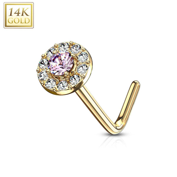 14KT Solid Yellow Gold L Shape Bent Pink & White CZ Cluster Nose Stud - Pierced Universe