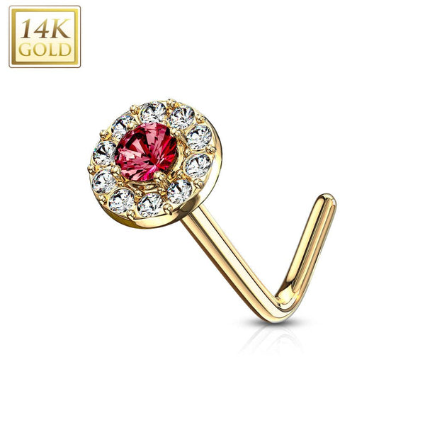 14KT Solid Yellow Gold L Shape Bent Red & White CZ Cluster Nose Stud - Pierced Universe