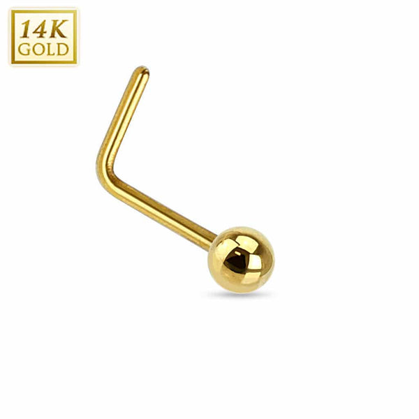 14KT Solid Yellow Gold "L" Shaped Bent Ball Top Nose Ring Stud - Pierced Universe