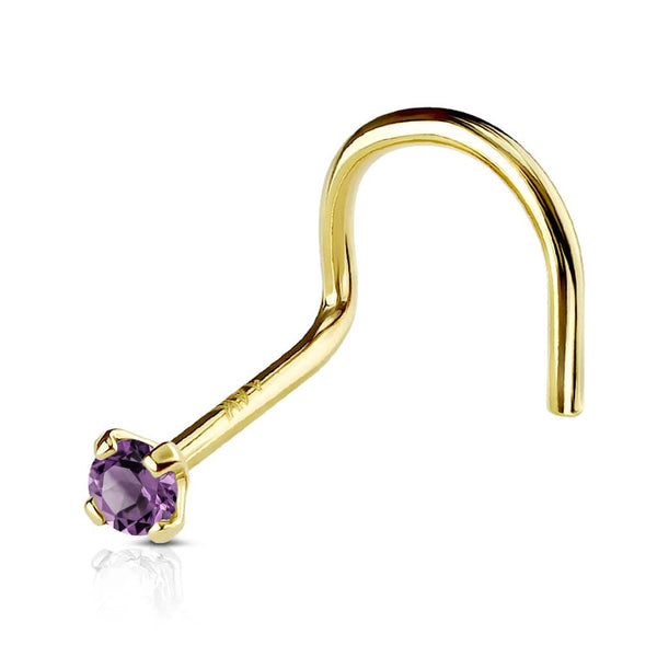 14KT Solid Yellow Gold Prong Purple CZ Gem Corkscrew Nose Ring Stud - Pierced Universe