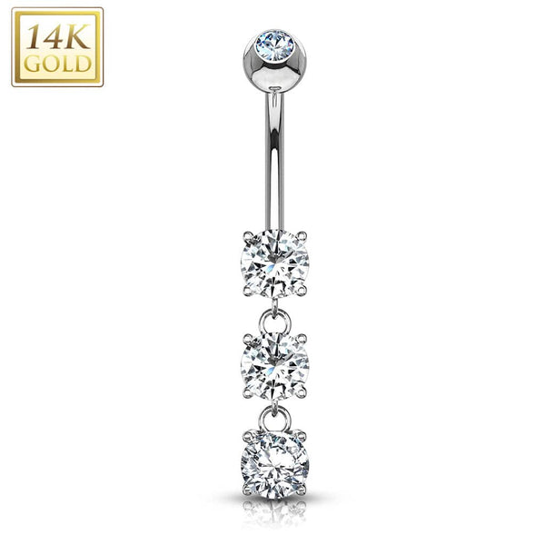 14KT White Gold 3 CZ White Gem Dangling Belly Button Ring - Pierced Universe