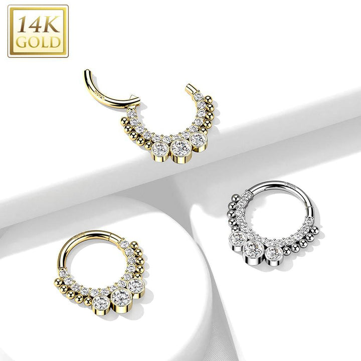 14KT White Gold Beaded White CZ Bezel Center Hinged Septum Clicker Hoop - Pierced Universe