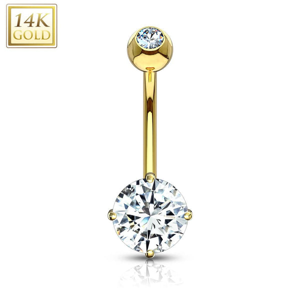 14KT Yellow Gold White Round Prong CZ Belly Button Ring - Pierced Universe