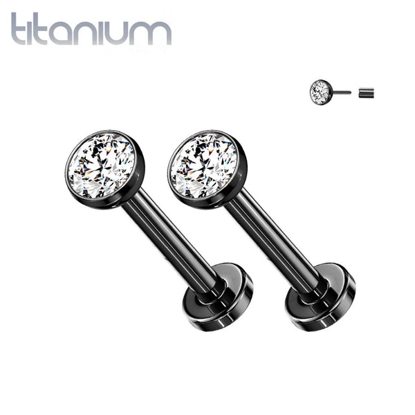 Pair of Implant Grade Titanium Black PVD Threadless Stud White Bezel Earrings with Flat Back - Pierced Universe