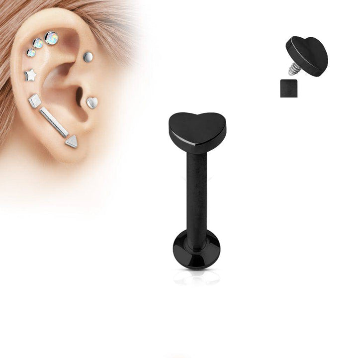 16ga black anodized surgical steel flat back internally threaded heart labret monroe tragus cartilage ring - Pierced Universe