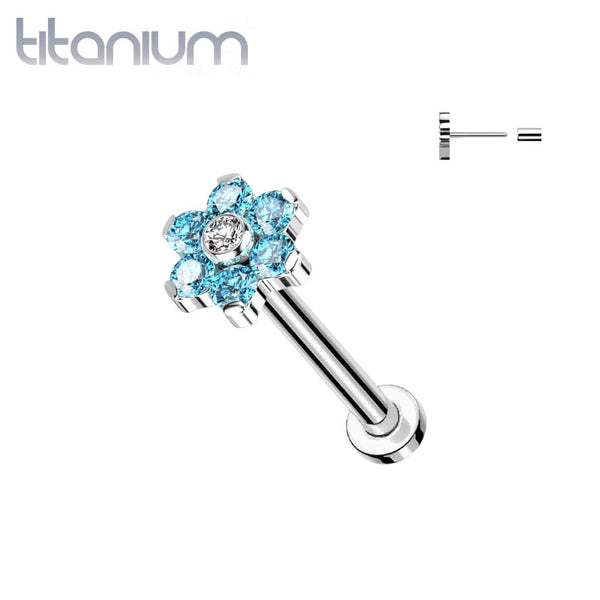 Implant Grade Titanium Threadless Push In Tragus/Cartilage Aqua CZ Flower With Flat Back - Pierced Universe