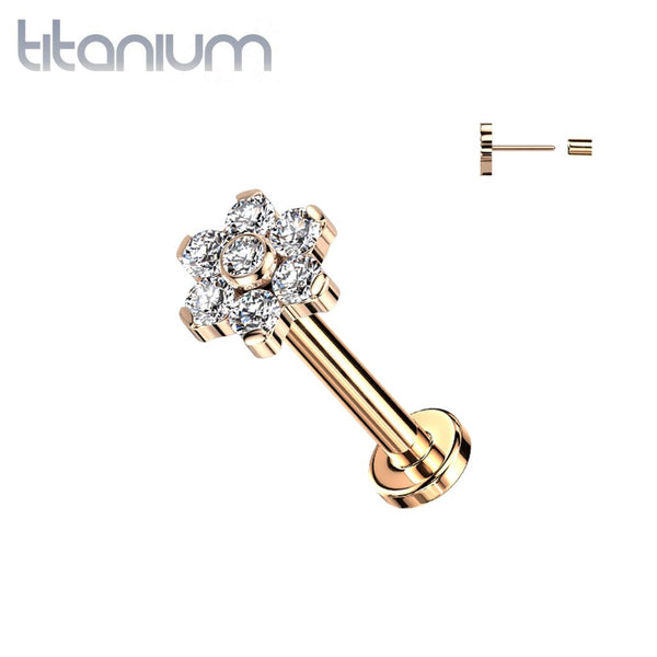 Implant Grade Titanium Threadless Rose Gold PVD Push In Tragus/Cartilage White CZ Flower With Flat Back - Pierced Universe