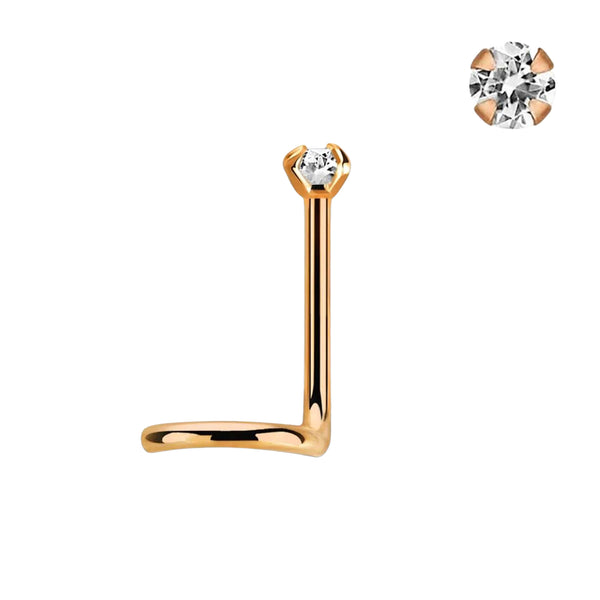 316L Surgical Steel Rose Gold Plated Corkscrew White CZ Prong Nose Ring Stud - Pierced Universe