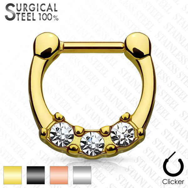 316L Surgical Steel 3 Gem Septum Ring Clicker - Pierced Universe