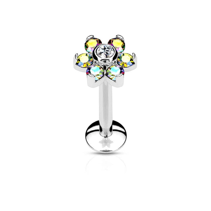 316L Surgical Steel 6 Gem Internally Threaded CZ Flower Flat Back Labret - Pierced Universe