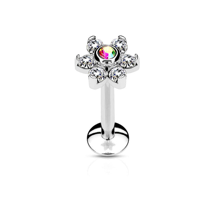 316L Surgical Steel 6 Gem Internally Threaded CZ Flower Flat Back Labret - Pierced Universe