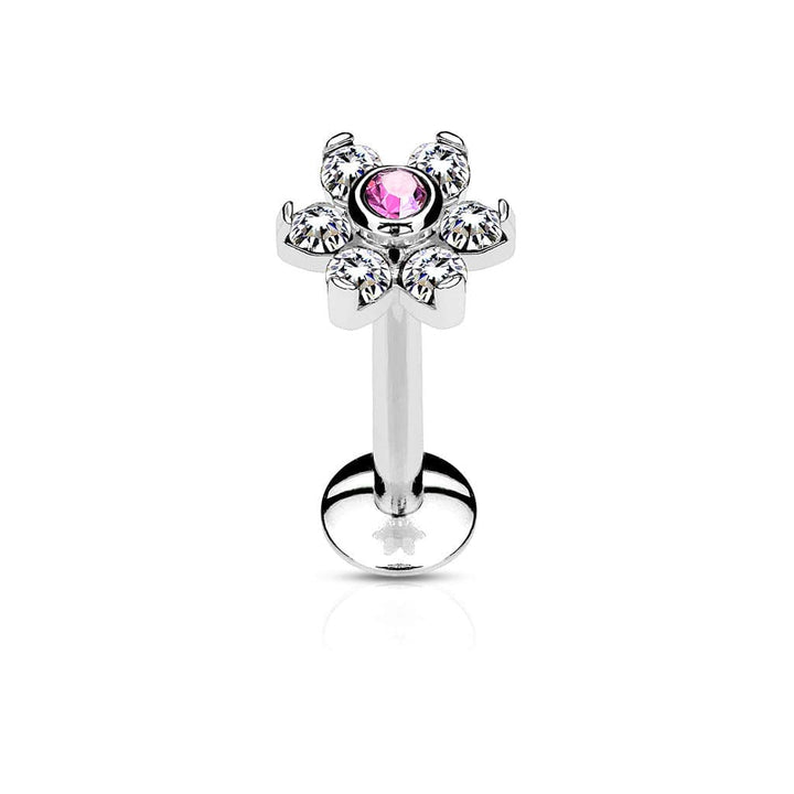 316L Surgical Steel 6 Gem Internally Threaded CZ Flower Flat Back Labret - Pierced Universe