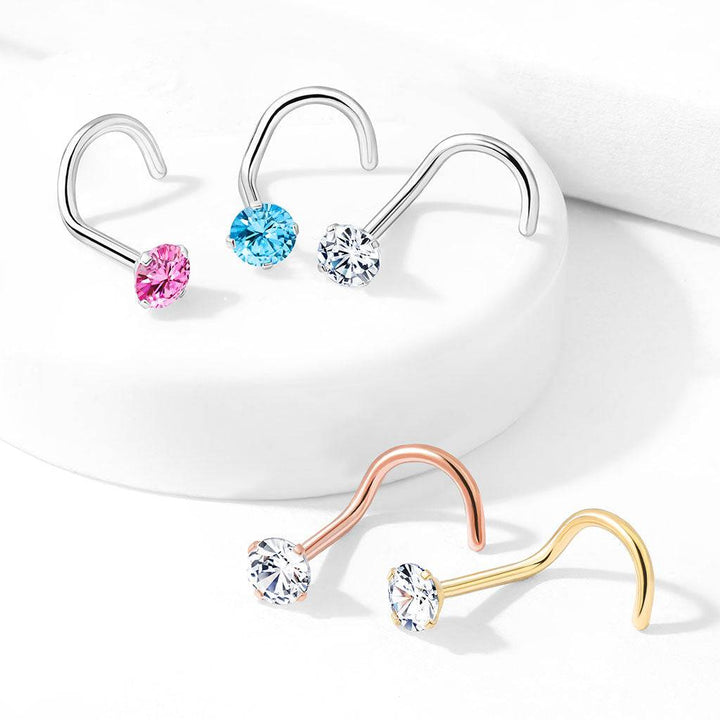 316L Surgical Steel Aqua Round CZ Prong Gem Corkscrew Nose Ring Stud - Pierced Universe