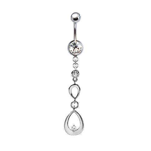 316L Surgical Steel Ascending Double Teardrop CZ Gem Dangle Belly Ring - Pierced Universe